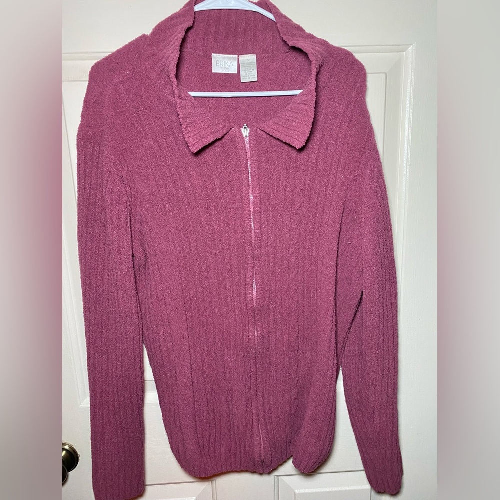 Erika Comfy Soft Knit Ribbed Full Zip‎ Sweater Pink Collared Jacket Size 1X